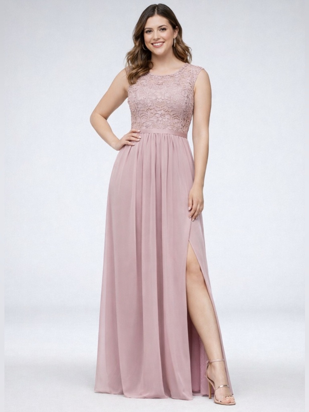 David’s Bridal Cameo Pink Lace Chiffon Bridesmaid Dress Size 10 Formal Gown